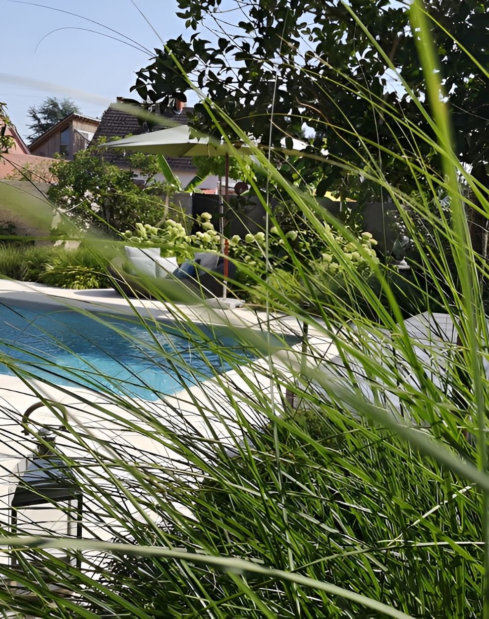 Ein ruhiger Blick auf den Pool, umrahmt von üppigem grünem Gras, mit grünen Bäumen und modernen Sitzgelegenheiten in einem ruhigen Außenbereich.